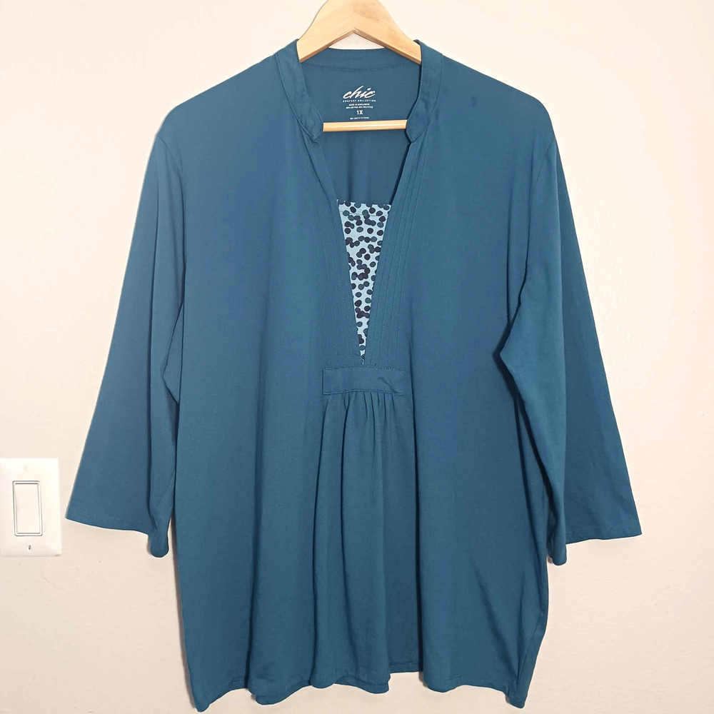 Chic Comfort Collection Casual V-Neck 3/4 Sleeve 60% Cot Green Plus Sz 1X Blouse